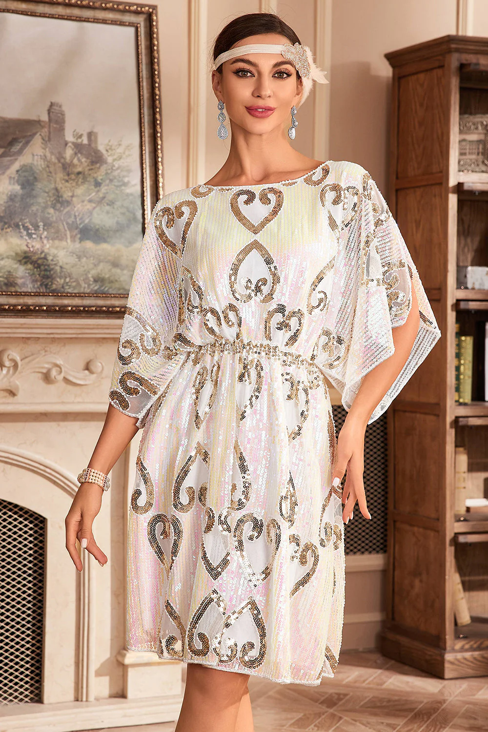 Robe blanche scintillante Batwing des années 20 avec paillettes