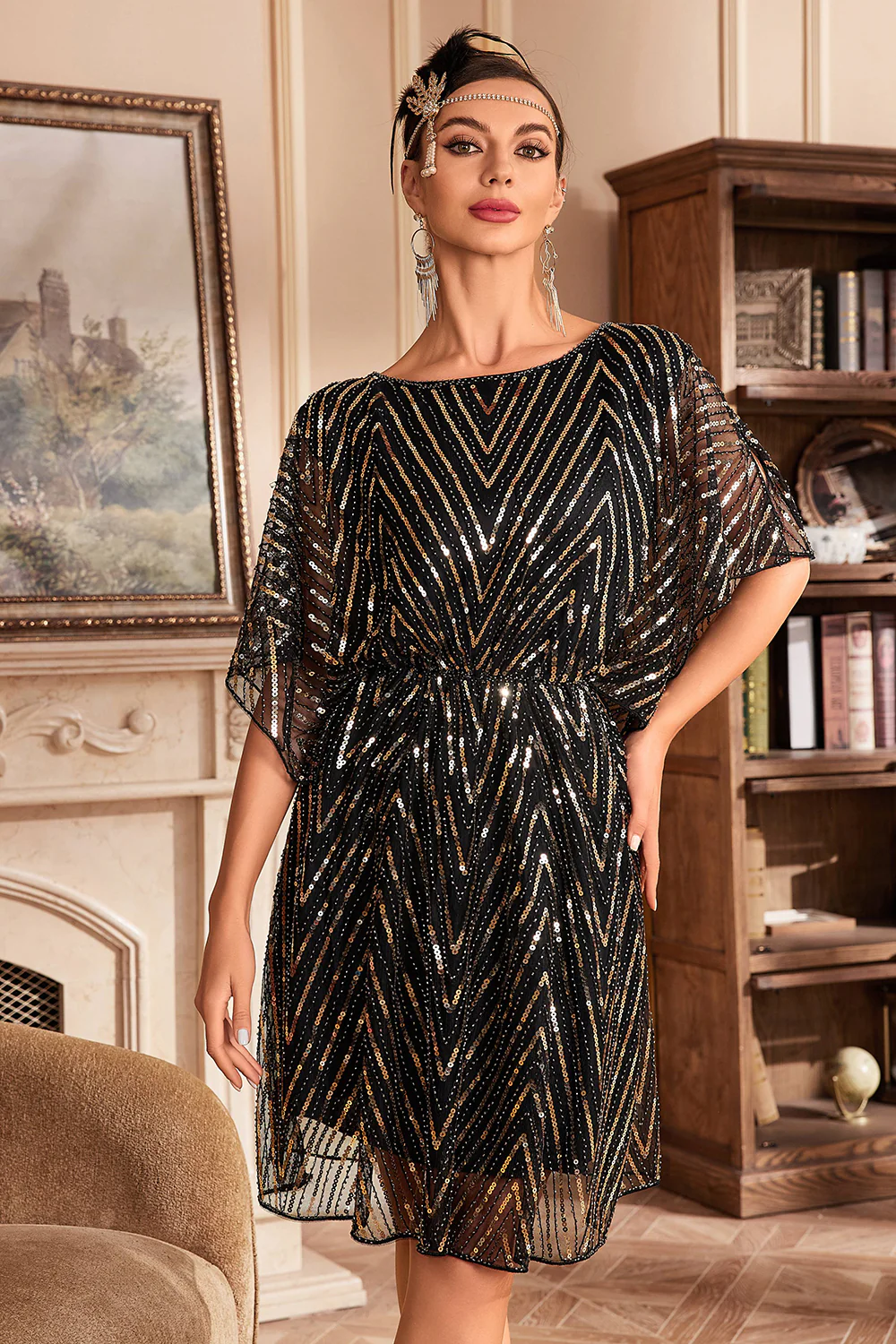 Robe années 20 à paillettes et manches batwing - Image 5