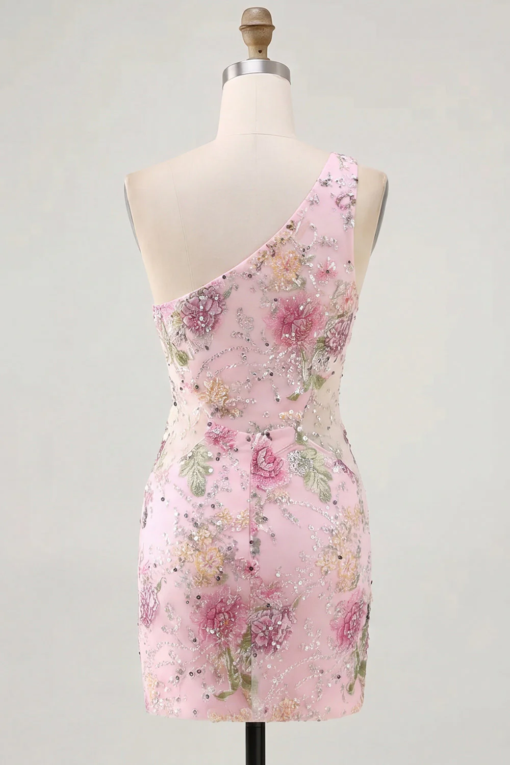 Robe rose à paillettes bodycon à une épaule florale de rentrée - Image 2