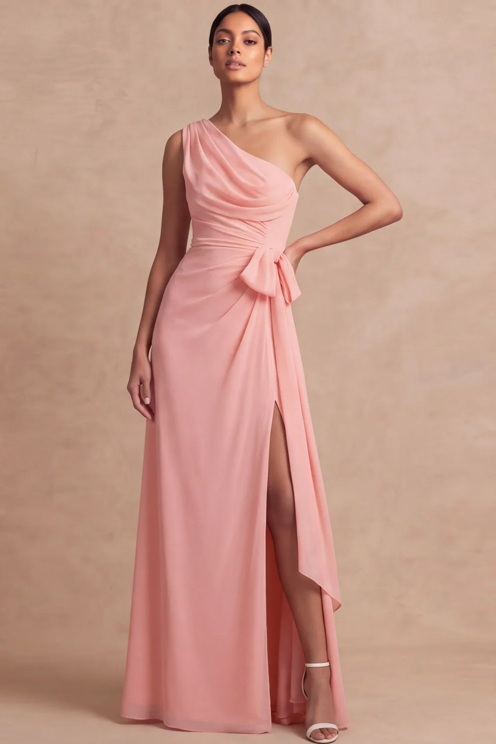 Robe rose de demoiselle d’honneur en mousseline mousseline en mousseline à une épaule avec une ceinture - Image 3