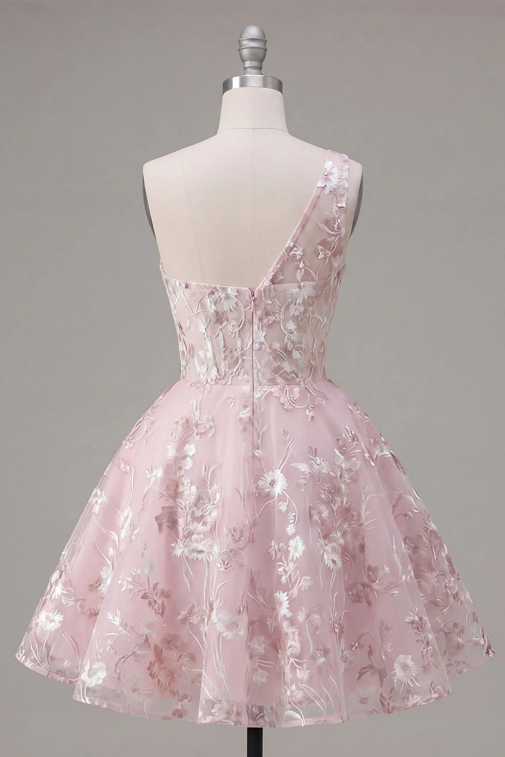 Robe rose de fin d’année rose à une épaule à fleurs - Image 2