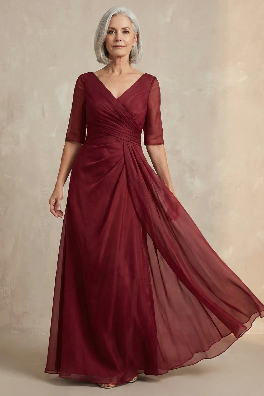 Robe rouge à manches demi-manches A à col en V