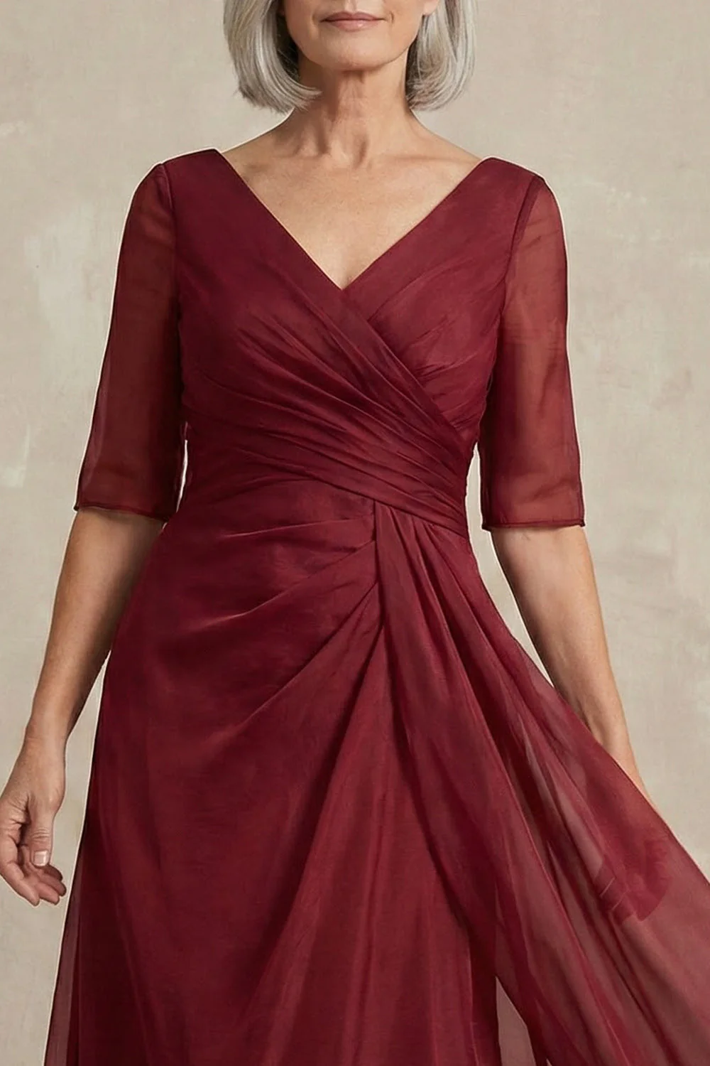 Robe rouge à manches demi-manches A à col en V - Image 3