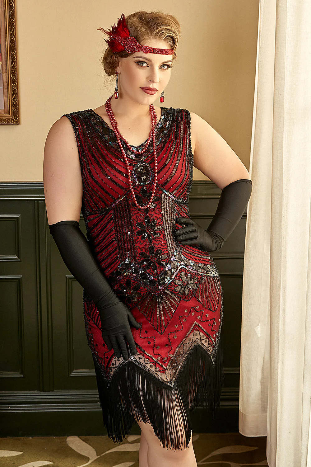 Robe Rouge Sequin Plus Taille années 1920 avec Franges