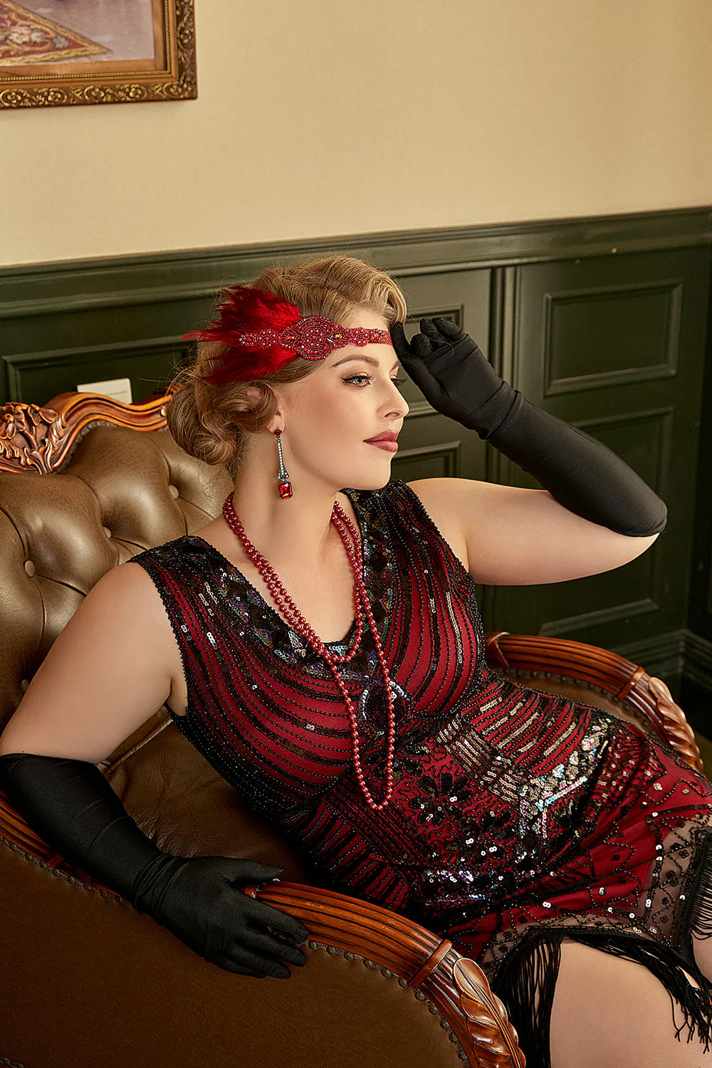 Robe Rouge Sequin Plus Taille années 1920 avec Franges - Image 4