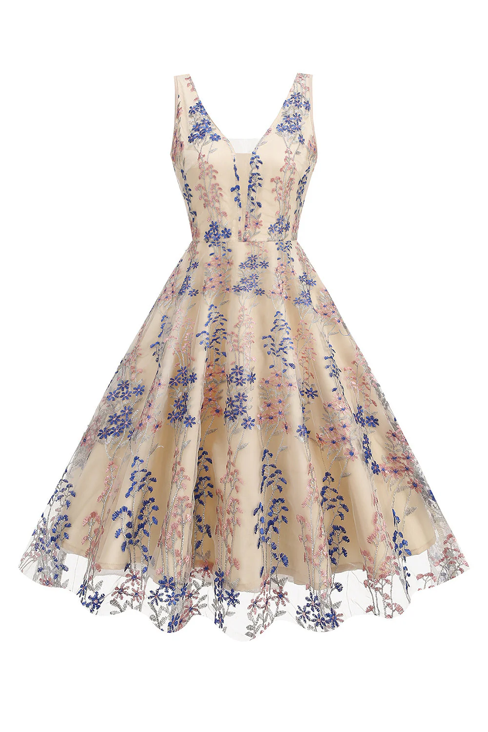 Robe scintillante à manches fleuries abricot swing des années 1950