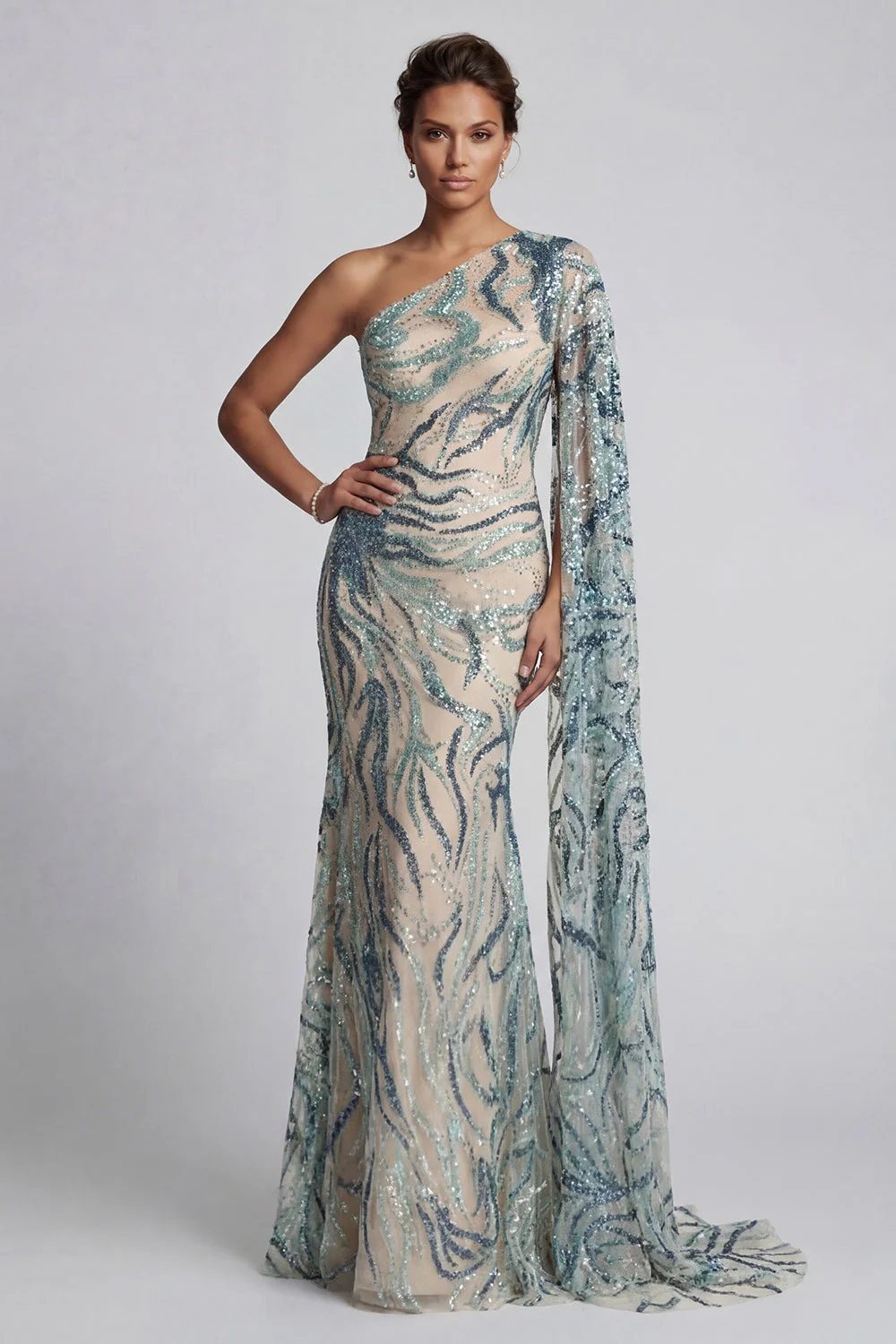 Robe sirène bleu clair bleu clair scintillante avec cape latérale