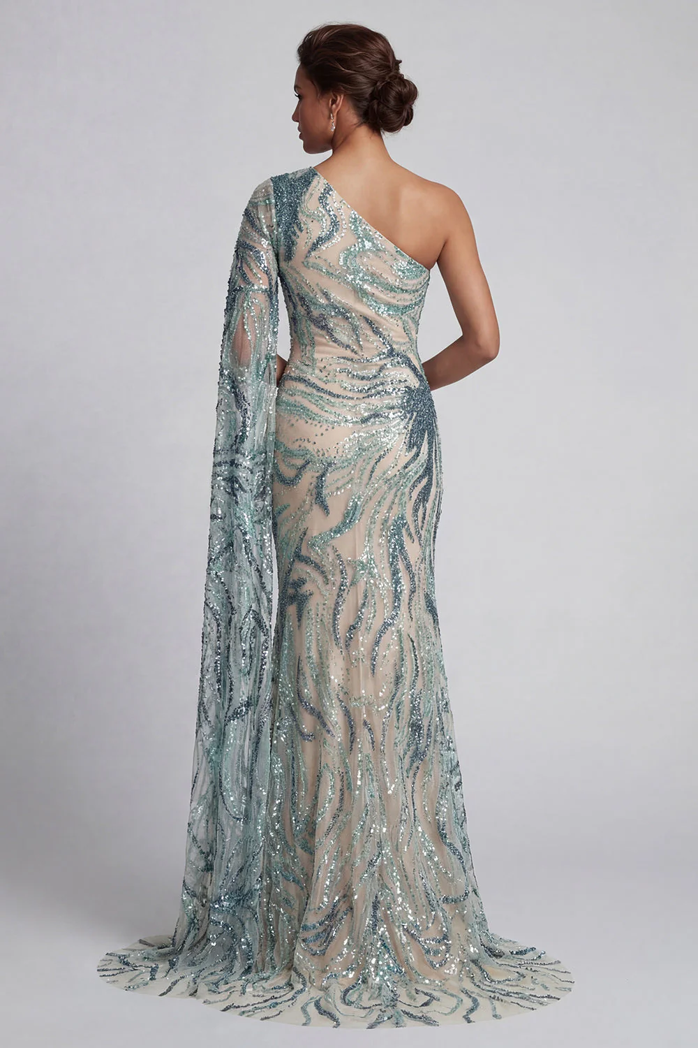 Robe sirène bleu clair bleu clair scintillante avec cape latérale - Image 2