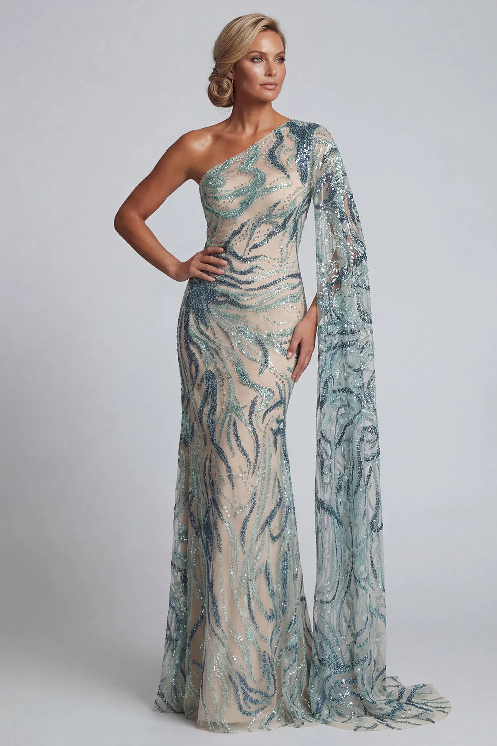 Robe sirène bleu clair bleu clair scintillante avec cape latérale - Image 3