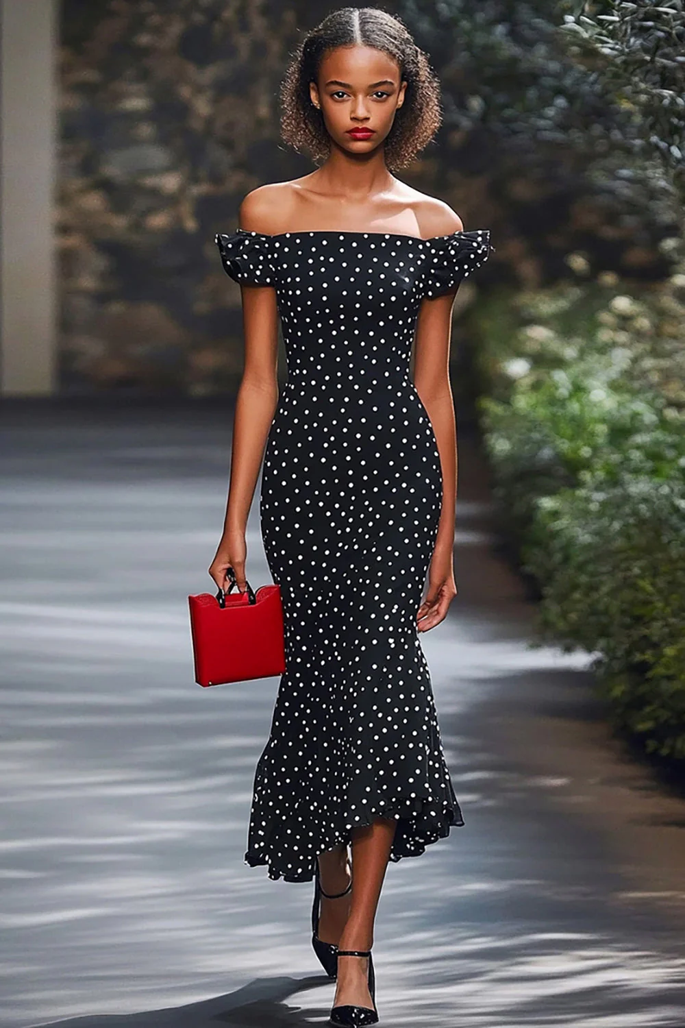 Robe Sirène Épaule Dénudée Noir Blanc À Pois