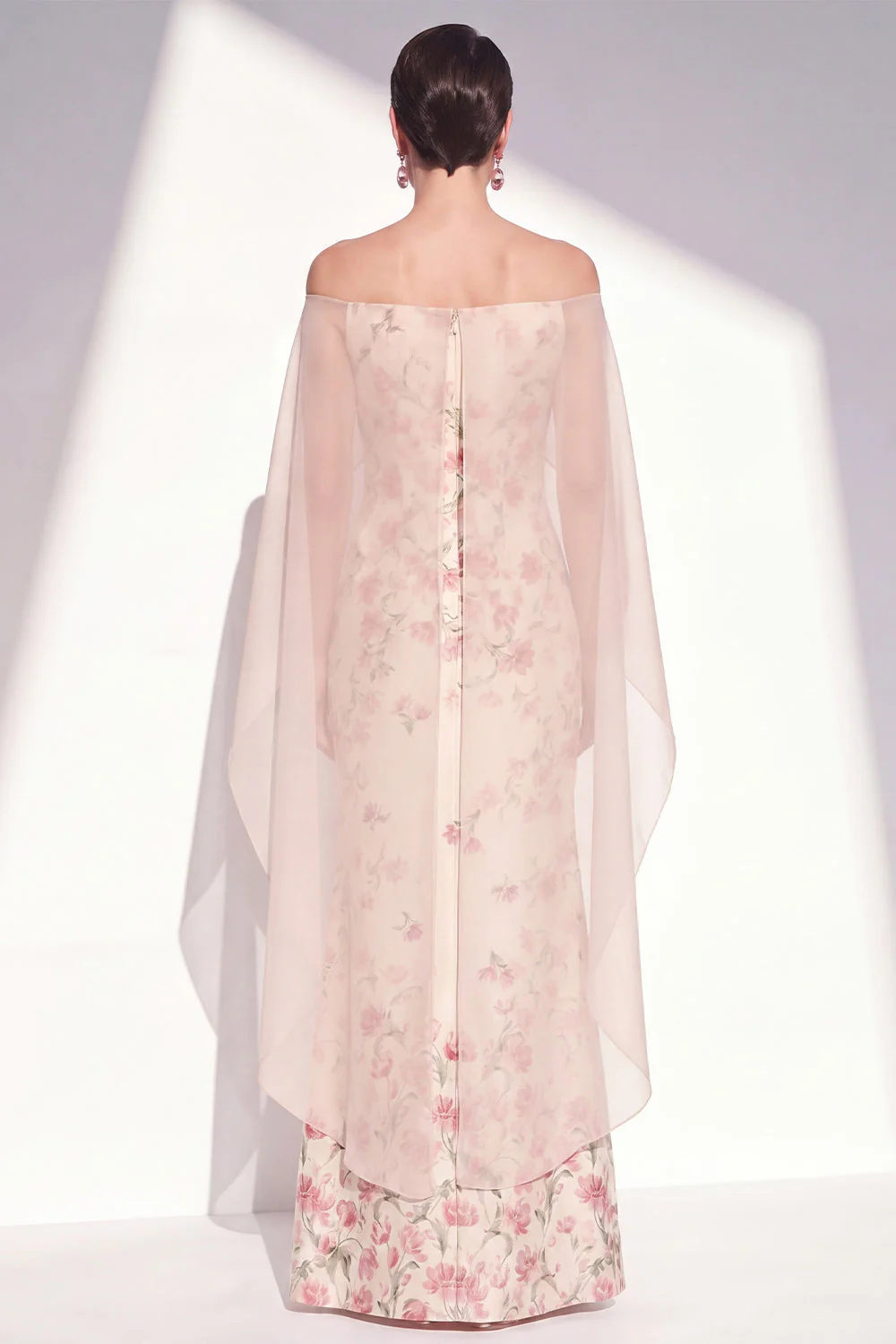 Robe sirène fleurie abricot sans bretelles longue mère de la mariée avec cape - Image 2