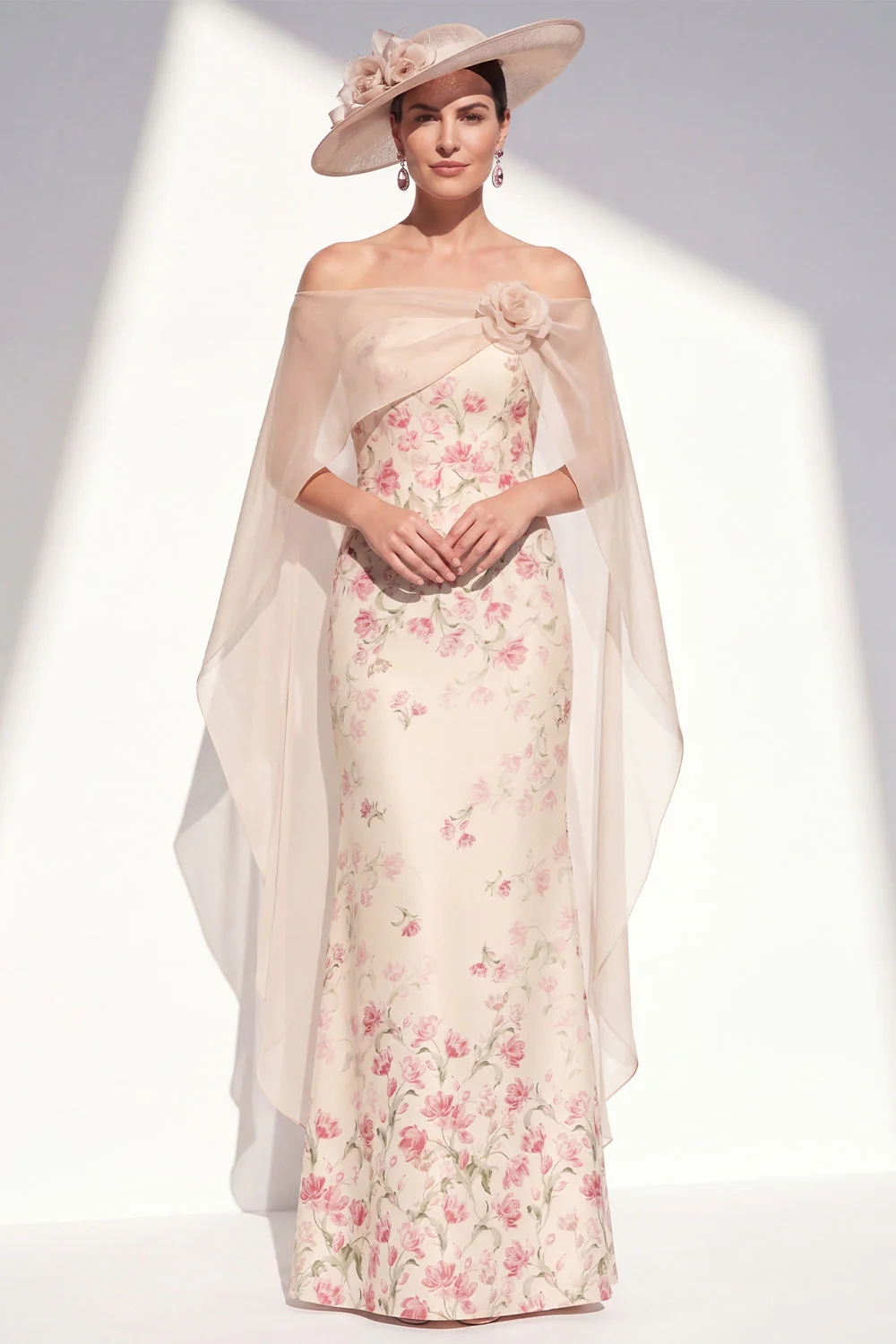 Robe sirène fleurie abricot sans bretelles longue mère de la mariée avec cape - Image 3