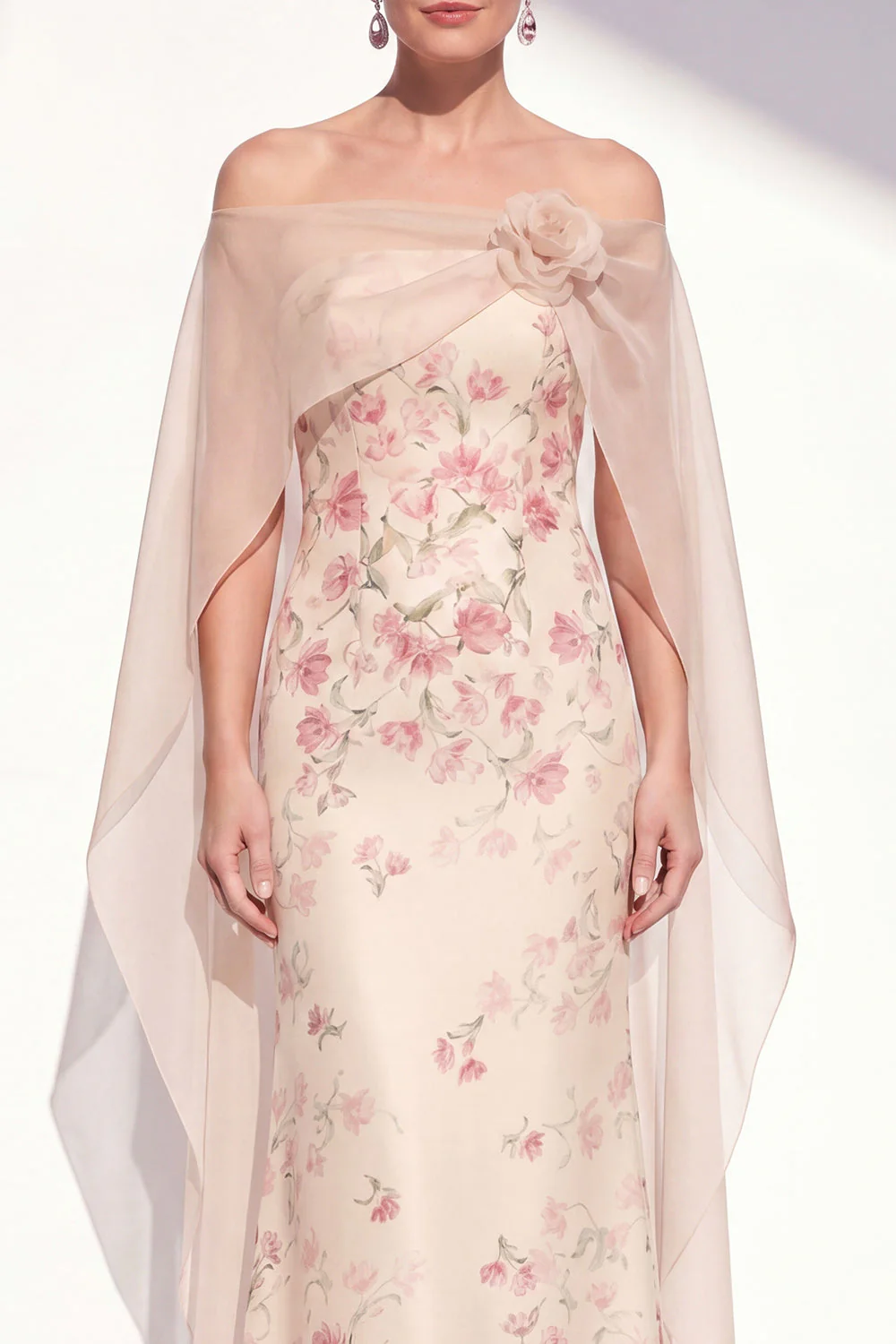 Robe sirène fleurie abricot sans bretelles longue mère de la mariée avec cape - Image 4
