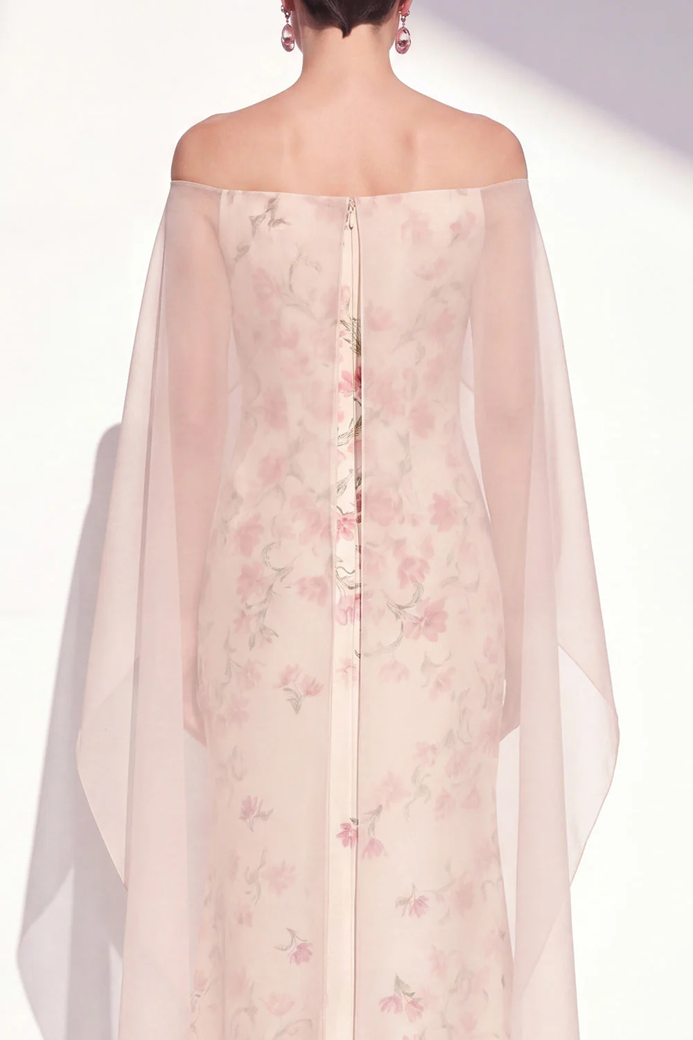 Robe sirène fleurie abricot sans bretelles longue mère de la mariée avec cape - Image 5