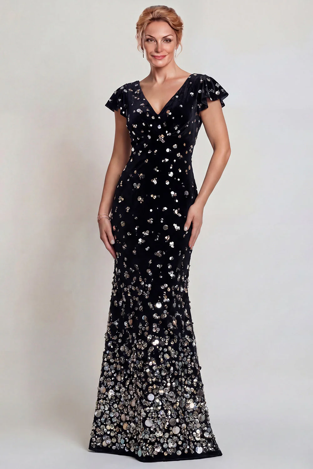 Robe sirène noire argentée à col en V scintillante avec paillettes