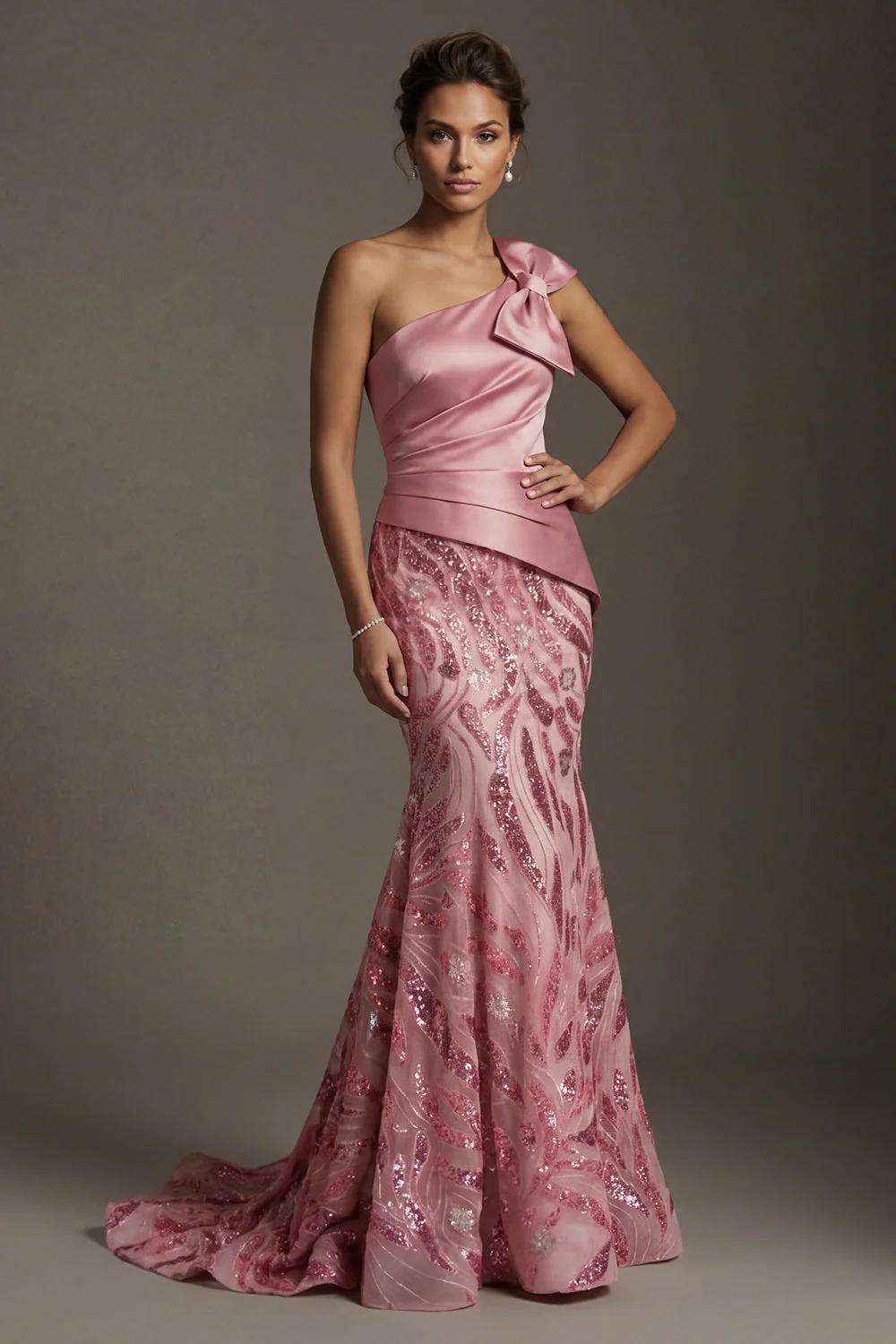 Robe sirène rose à une épaule scintillante de la mère de la mariée avec un nœud