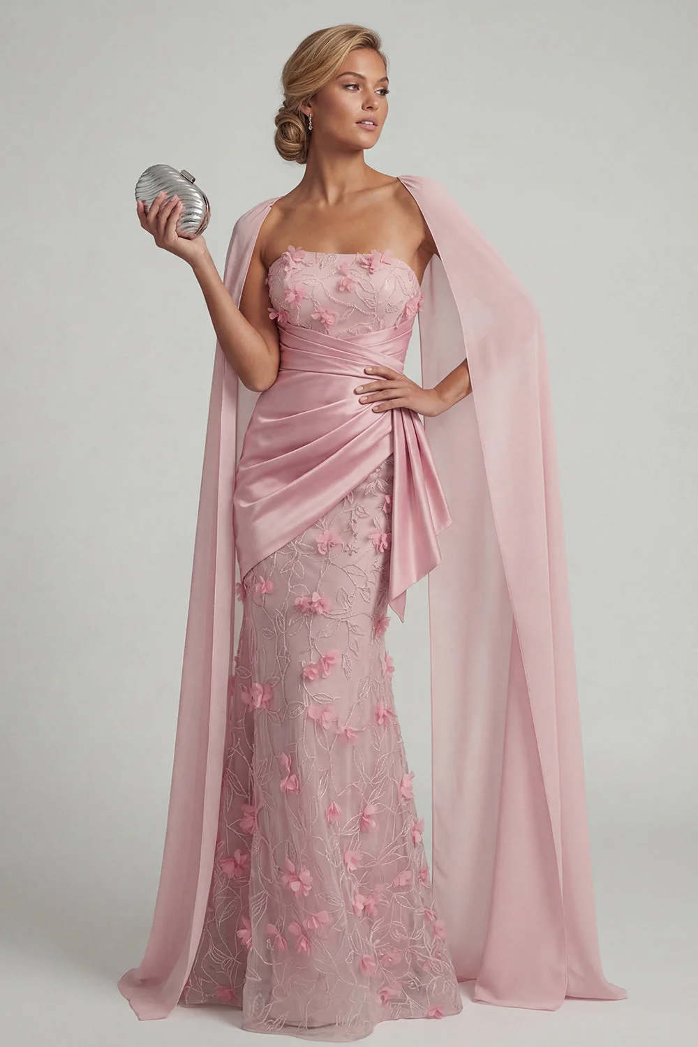 Robe sirène rose sans bretelles florale de la mère de la mariée avec cape détachable - Image 3