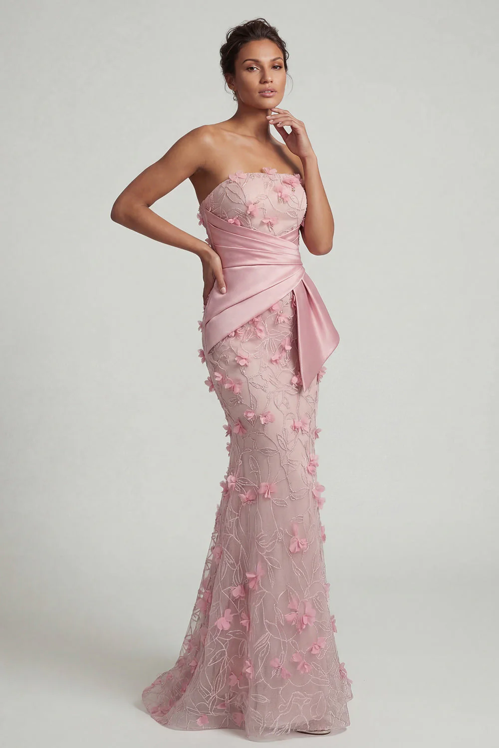 Robe sirène rose sans bretelles florale de la mère de la mariée avec cape détachable - Image 4