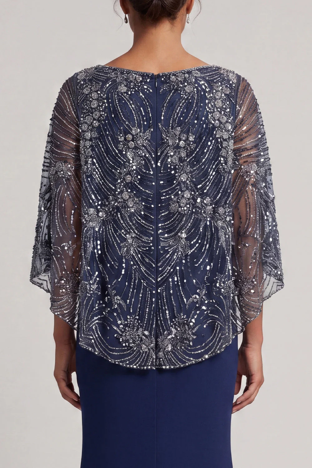 Robe sirène sirène à col en V en paillettes bleu marine scintillante avec cape - Image 5