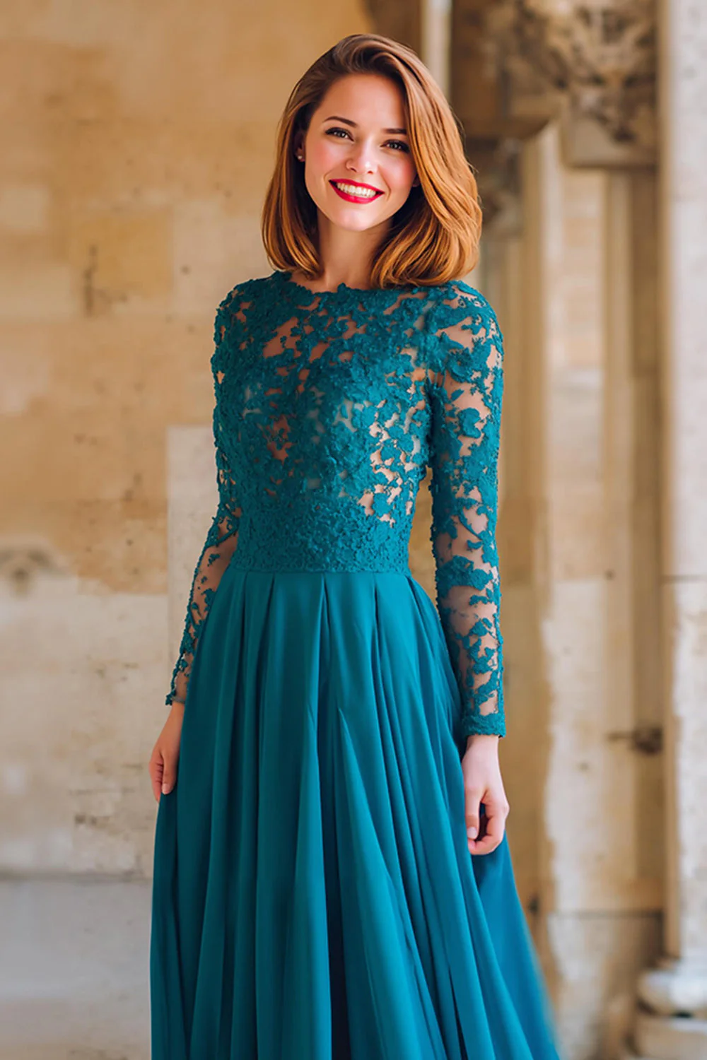 Robe trapèze bleu paon applique mère de la mariée - Image 3