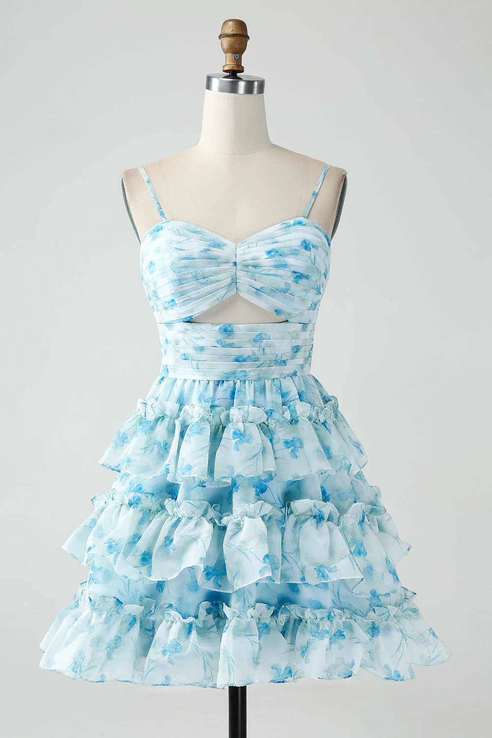 Robe de cocktail trapèze bleue à fleurs découpées courtes - Image 7