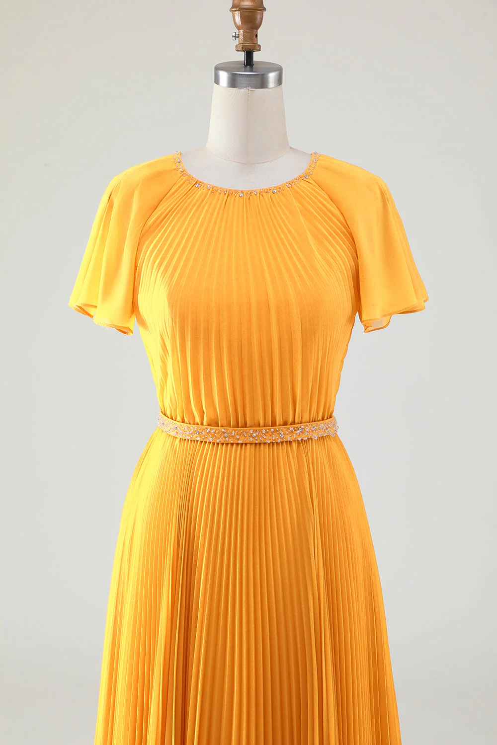 Robe trapèze col rond plissée jaune pour mère de la mariée avec manches courtes - Image 4