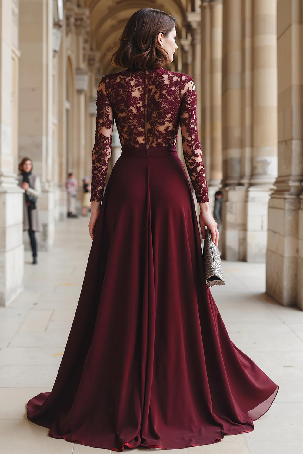 Robe trapèze en dentelle cabernet appliquée mousseline de soie Mère de la mariée - Image 2