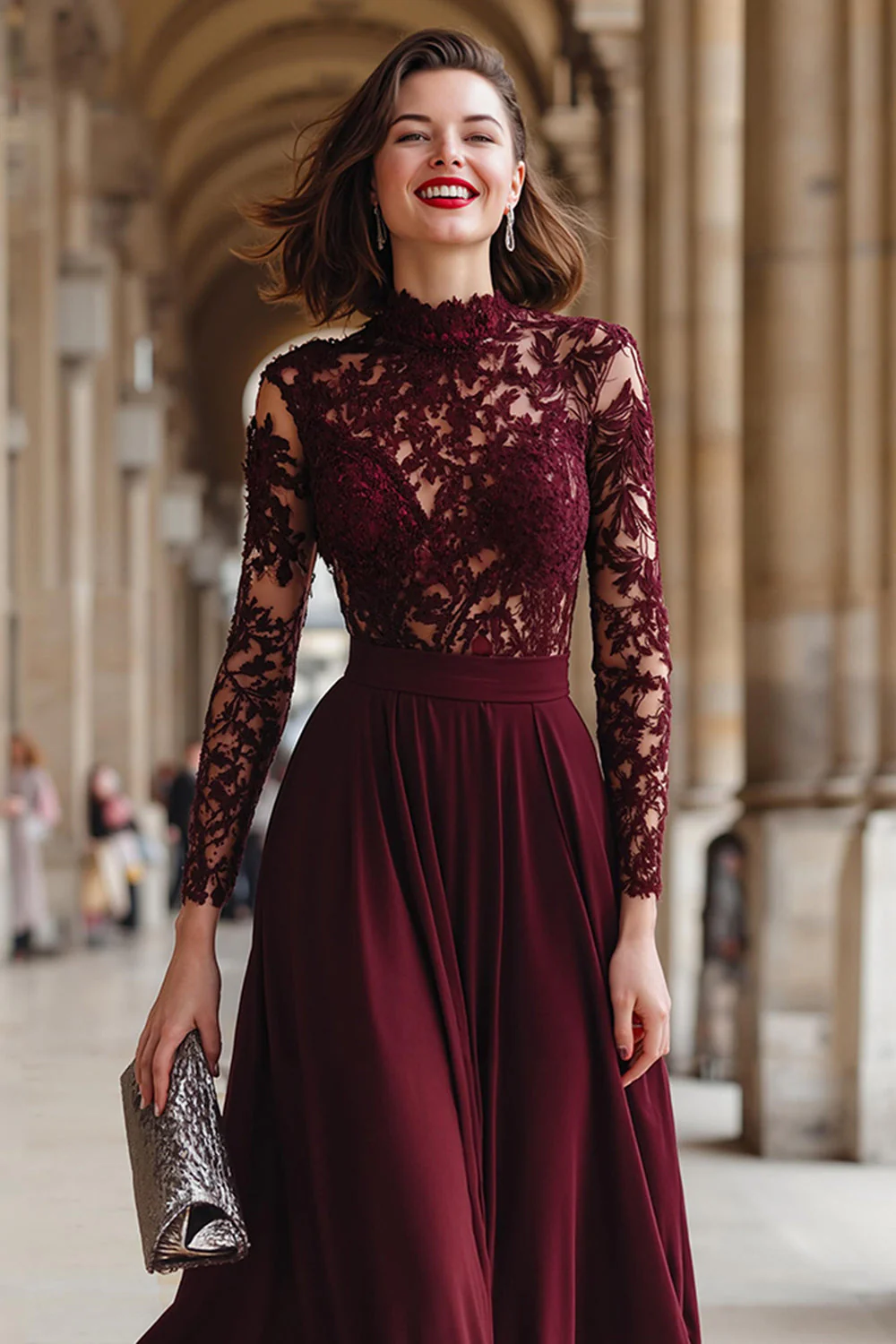 Robe trapèze en dentelle cabernet appliquée mousseline de soie Mère de la mariée - Image 3