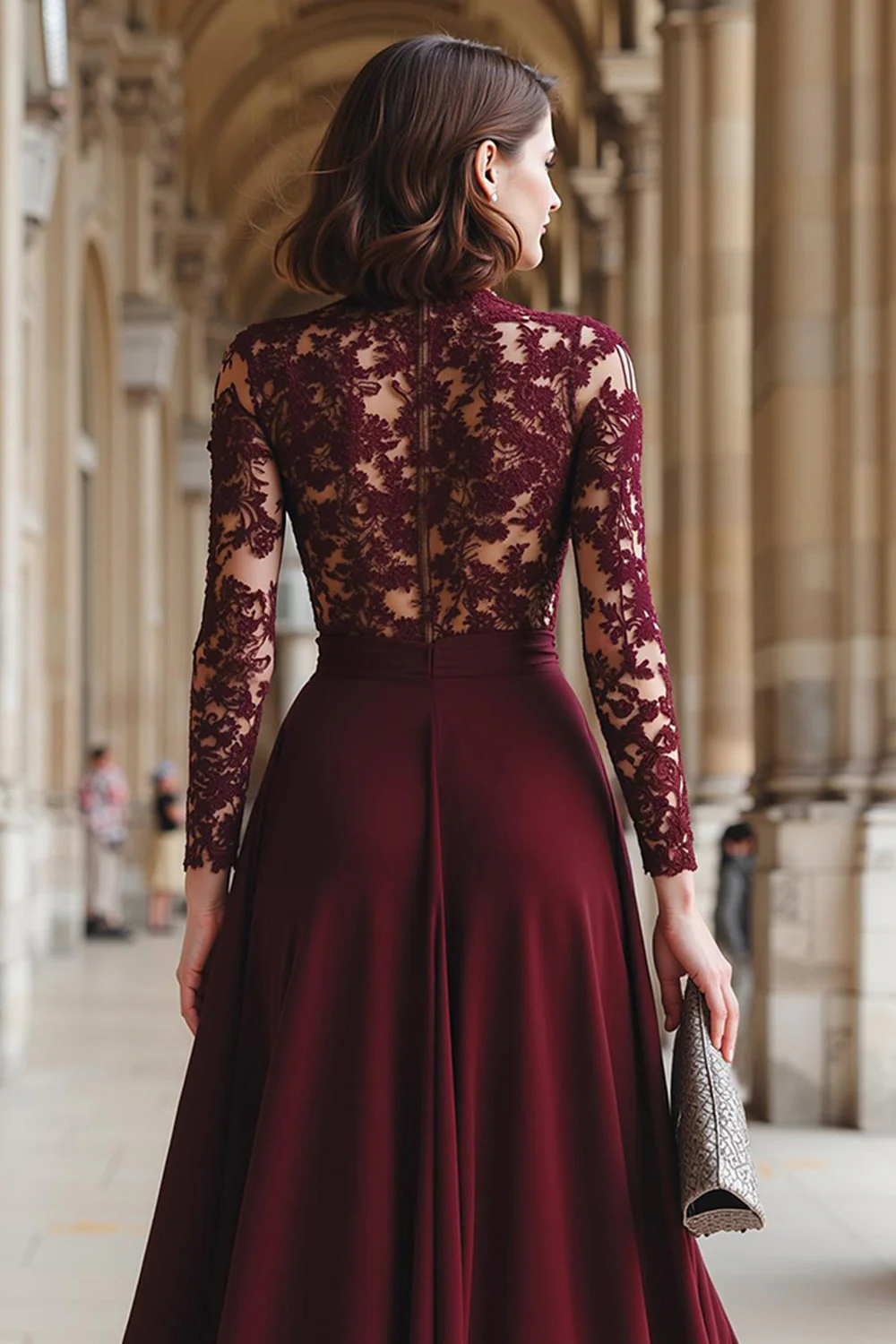 Robe trapèze en dentelle cabernet appliquée mousseline de soie Mère de la mariée - Image 4