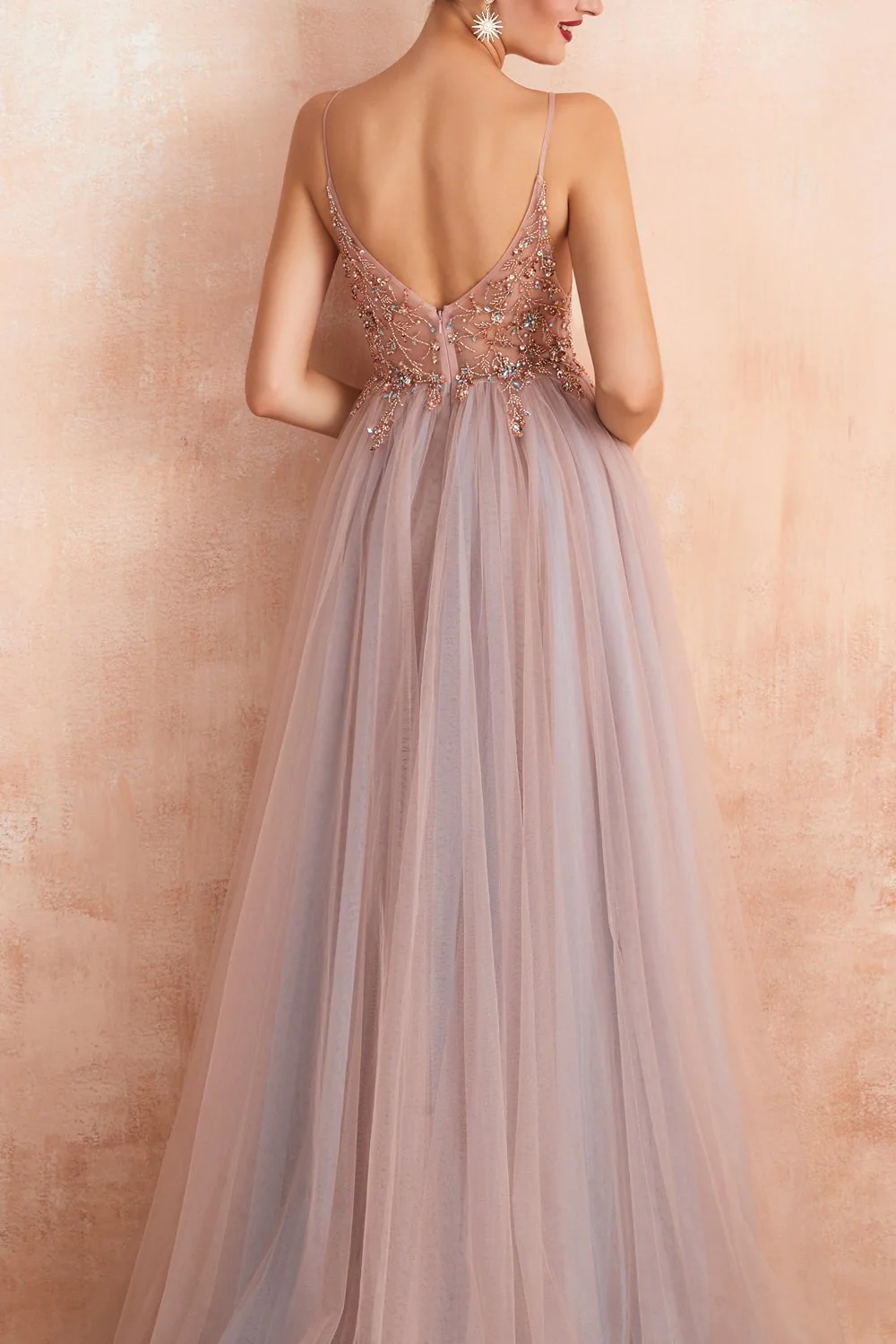 Robe trapèze en tulle bleu gris et col en V - Image 9