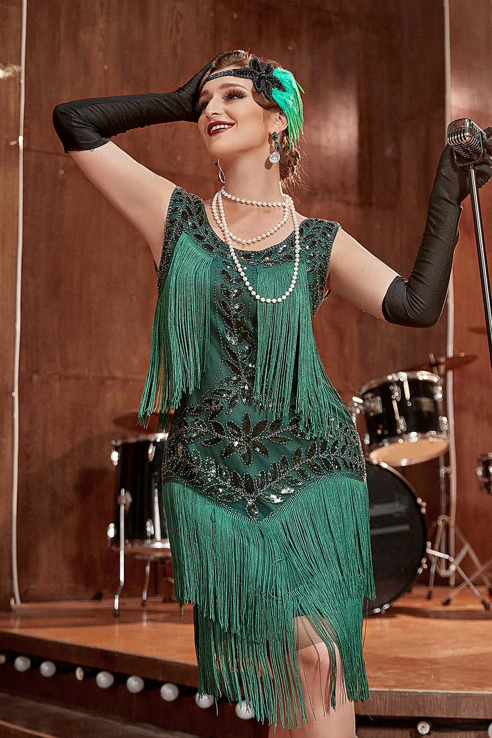 Robe vert foncé Gatsby des années 20 avec paillettes et franges - Image 4