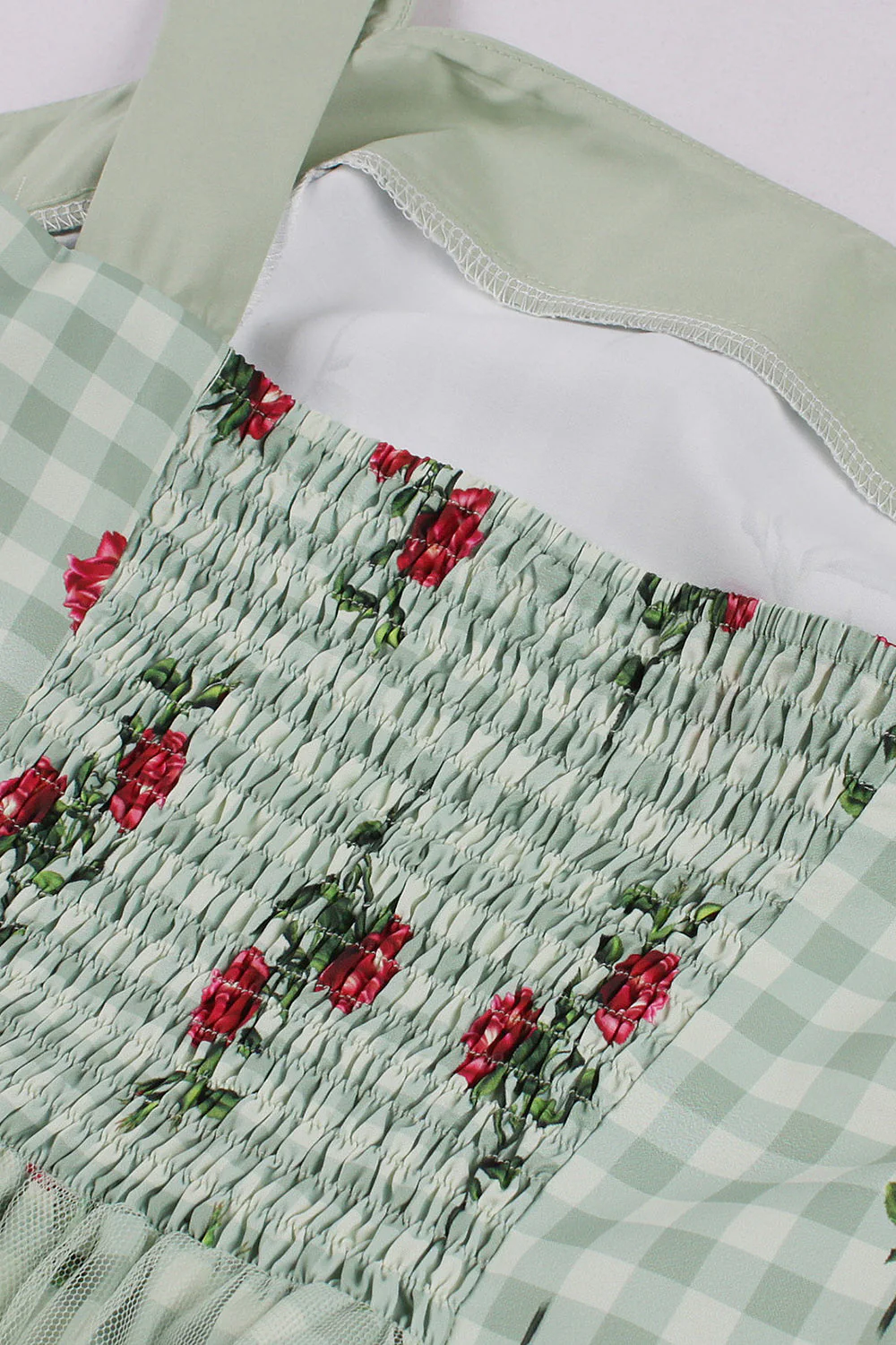 Robe verte à carreaux des années 50 avec imprimé floral - Image 3