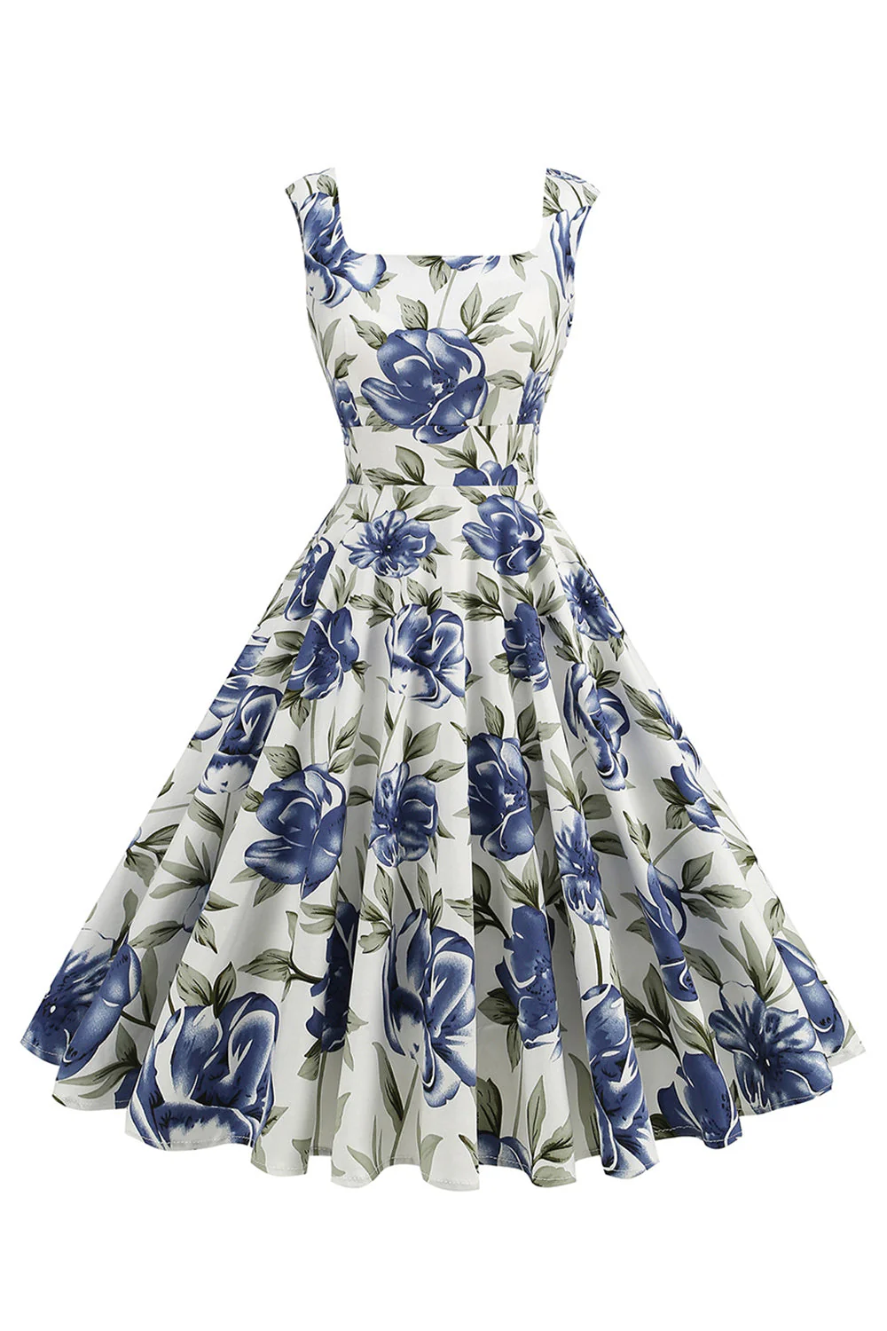 Robe vintage à col carré bleu à imprimé floral des années 1950