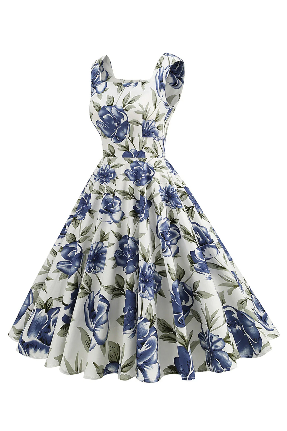 Robe vintage à col carré bleu à imprimé floral des années 1950 - Image 3
