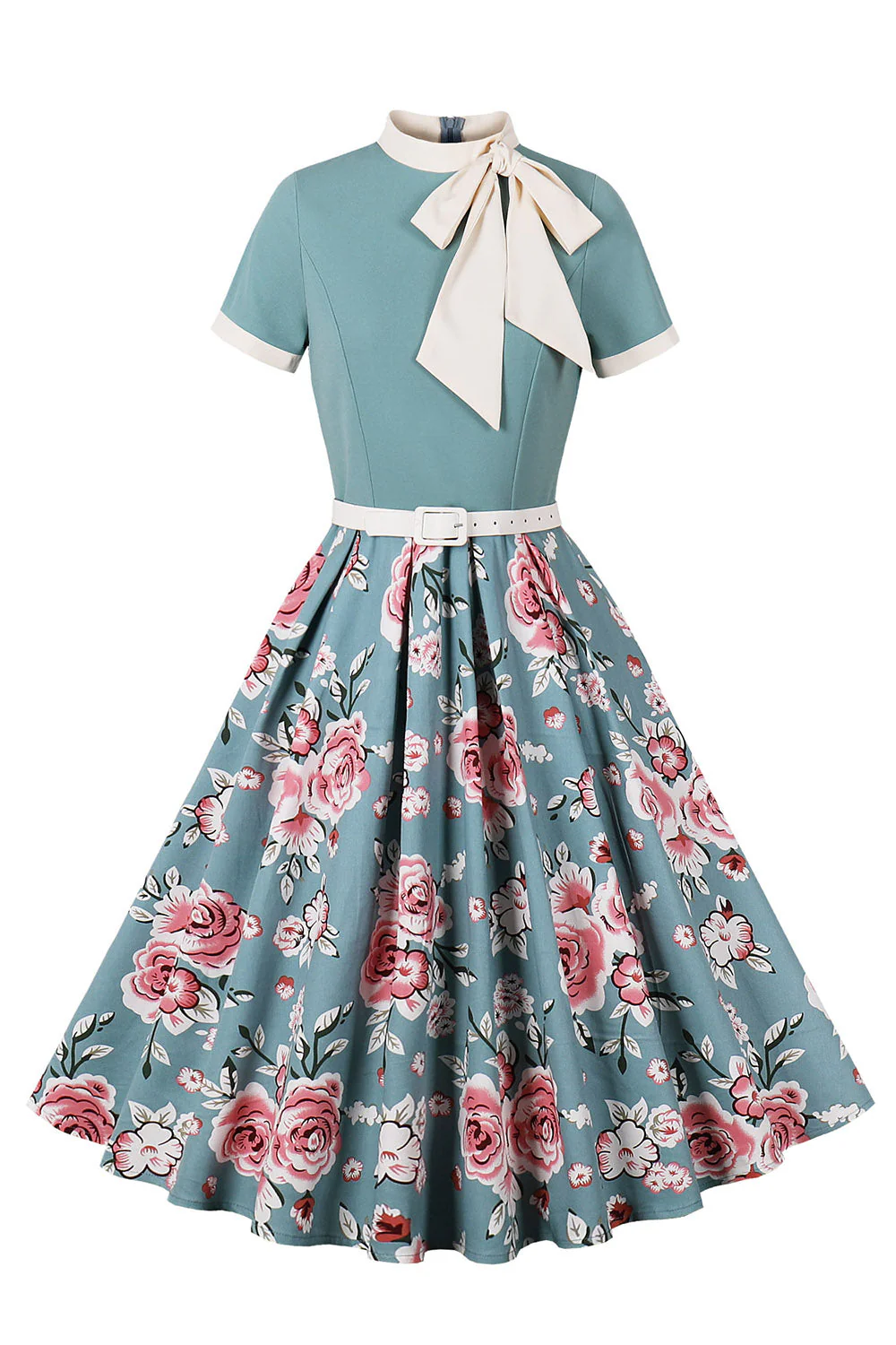 Robes bleues à imprimé floral des années 1950 à manches courtes