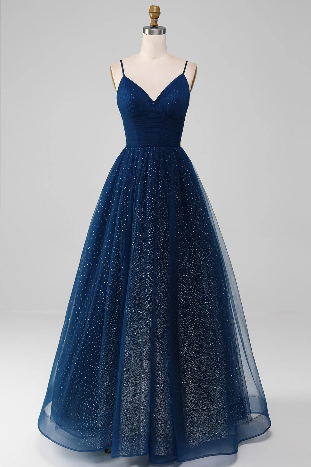 Robe de soirée longue bleu marine en tulle perlé à col en V et plis