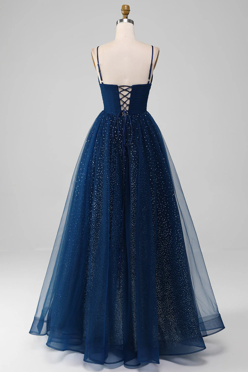 Robe de soirée longue bleu marine en tulle perlé à col en V et plis - Image 2