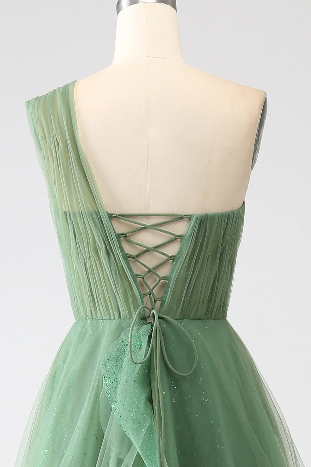 Robes de soirée longues à une épaule en tulle vert foncé - Image 6