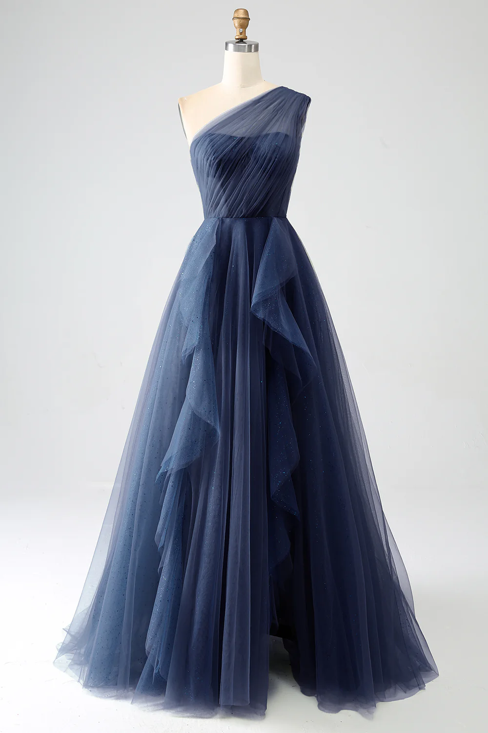 Robes de soirée longues à une épaule en tulle vert foncé - Image 8