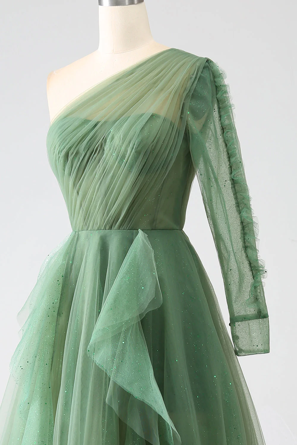 Robes de bal longues à une épaule vert foncé à manches longues - Image 6