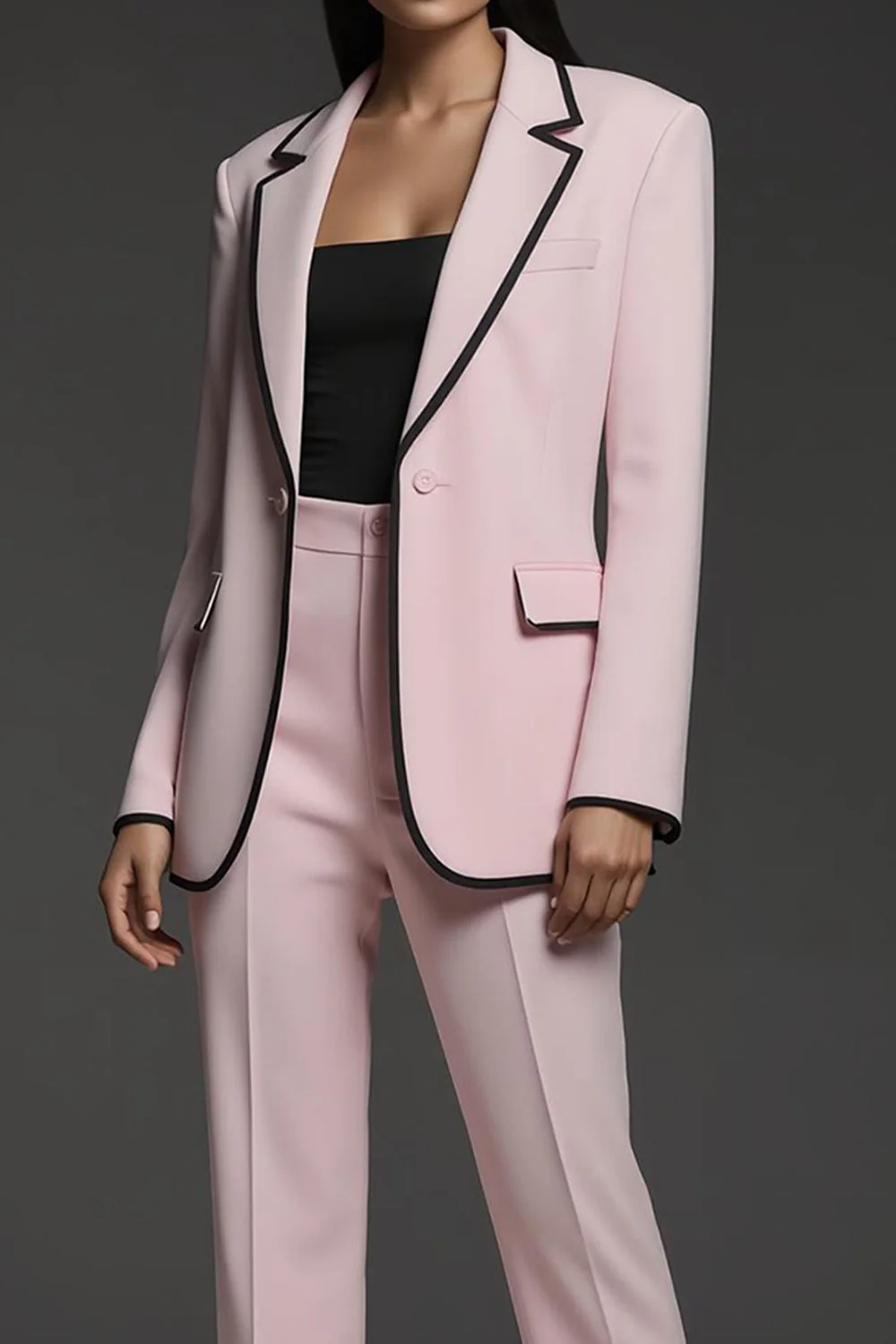 Costume femme 2 pièces rose à revers cranté un bouton - Image 3