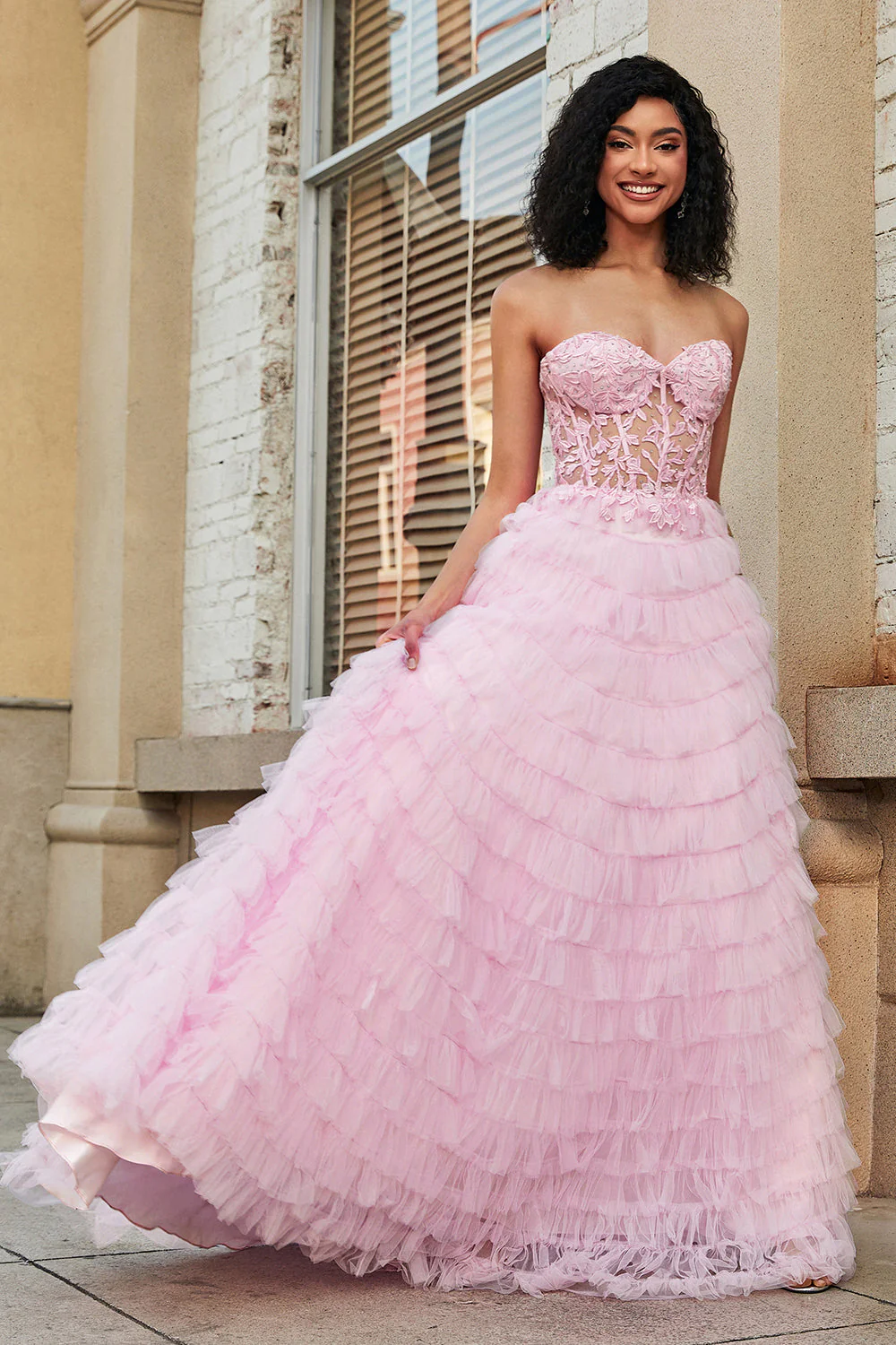 Rose A-ligne bustier à plusieurs niveaux long Corset robe de soirée avec dentelle - Image 7