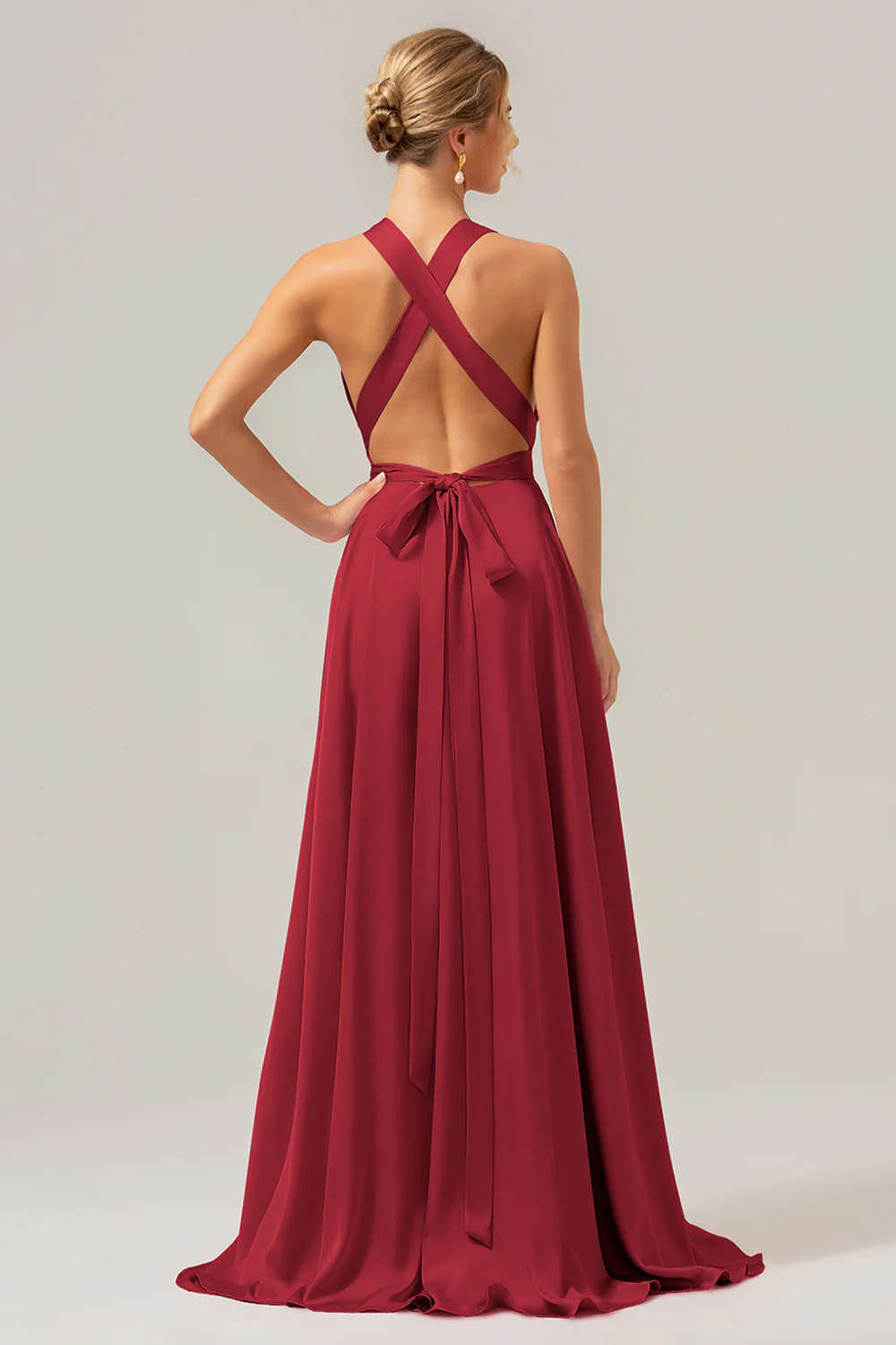 Rose A Ligne Col V Dos Nu Satin Longue Robe de demoiselle d’honneur avec fente - Image 10