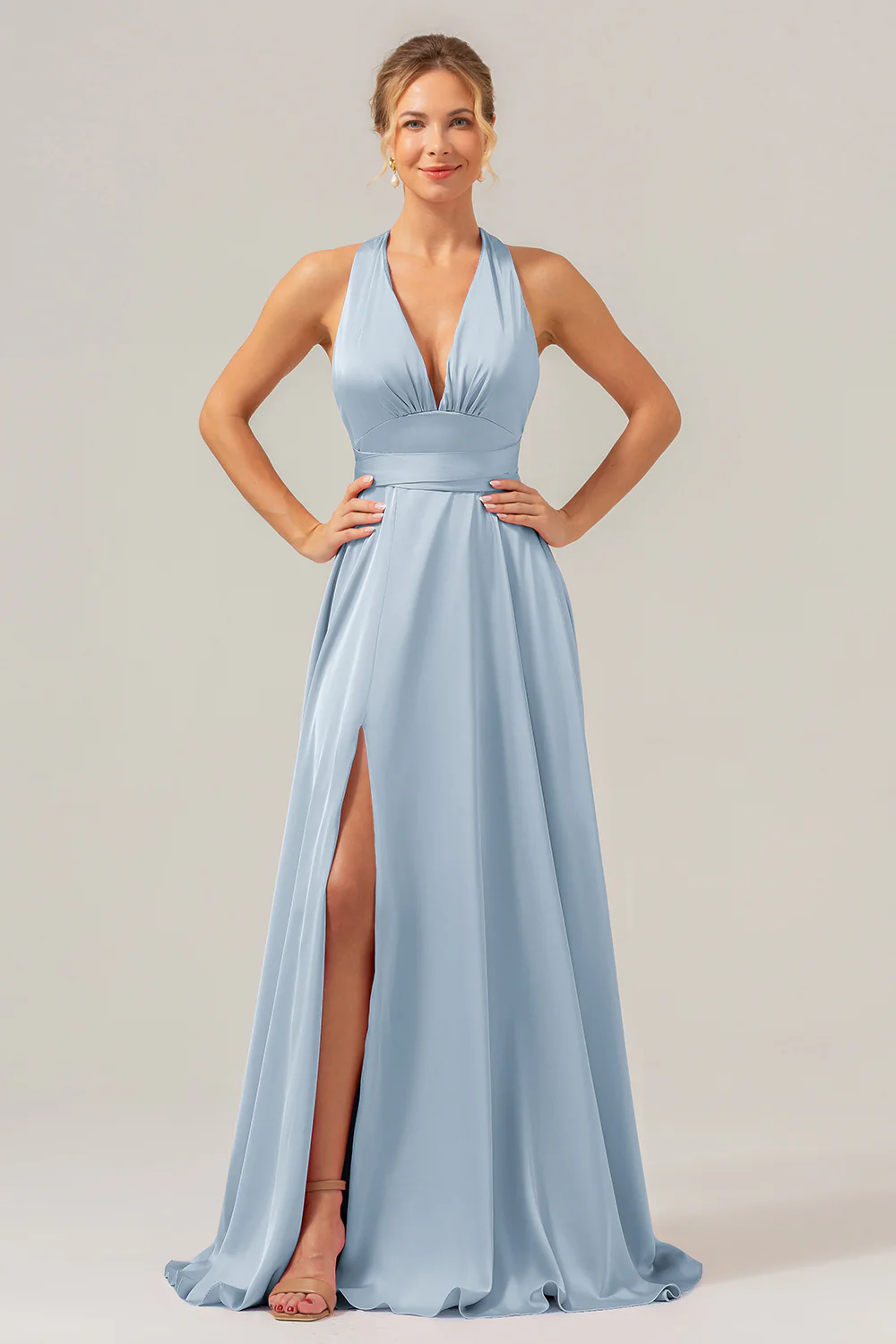 Rose A Ligne Col V Dos Nu Satin Longue Robe de demoiselle d’honneur avec fente - Image 17