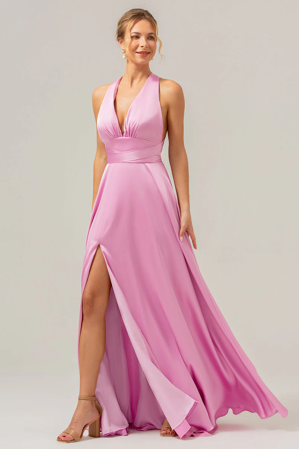 Rose A Ligne Col V Dos Nu Satin Longue Robe de demoiselle d’honneur avec fente - Image 4