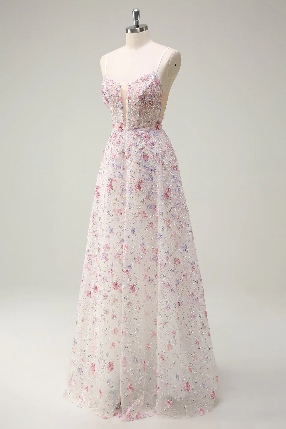 Rose A Ligne Spaghetti Bretelles Floral Perlé Robe de Soirée - Image 3