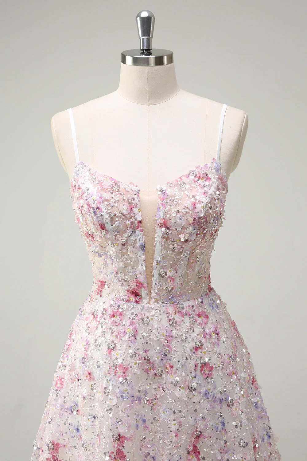 Rose A Ligne Spaghetti Bretelles Floral Perlé Robe de Soirée - Image 4