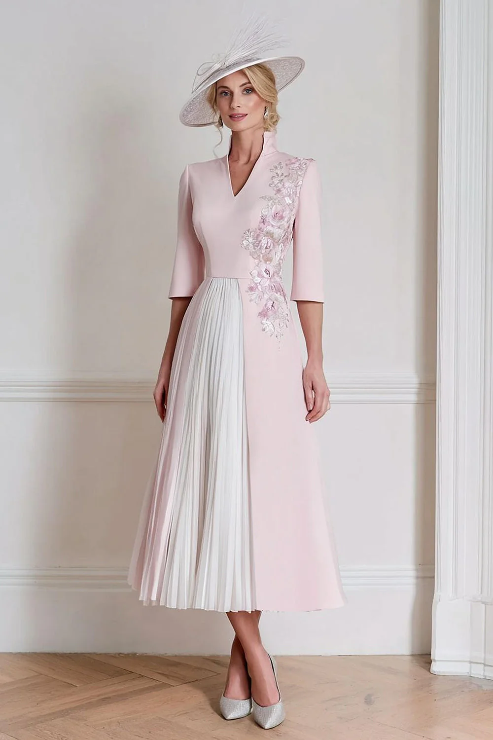 rose bonbon une ligne en satin col en V plissé robe mère de la mariée
