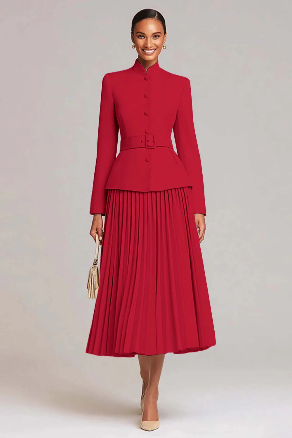 Ensemble de travail 2 pièces rose clair une ligne plissé avec ceinture - Image 12