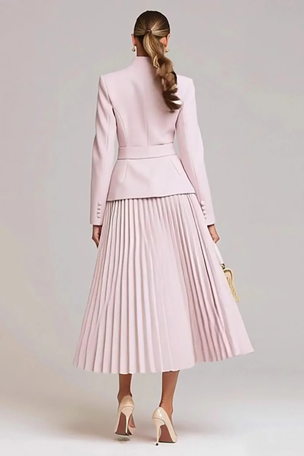 Ensemble de travail 2 pièces rose clair une ligne plissé avec ceinture - Image 2